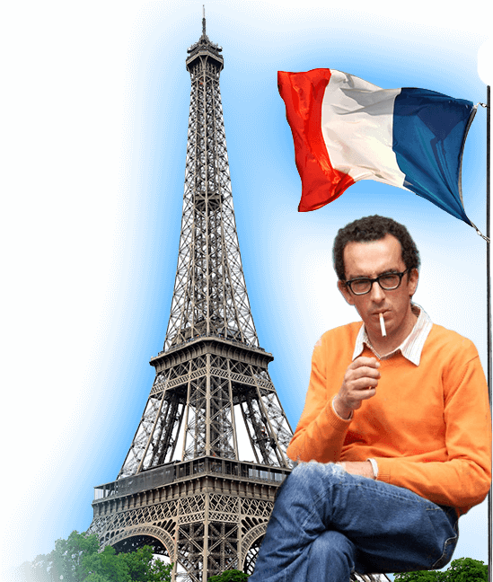 French guy smoking by the Eifel Tower with France's flag blowing